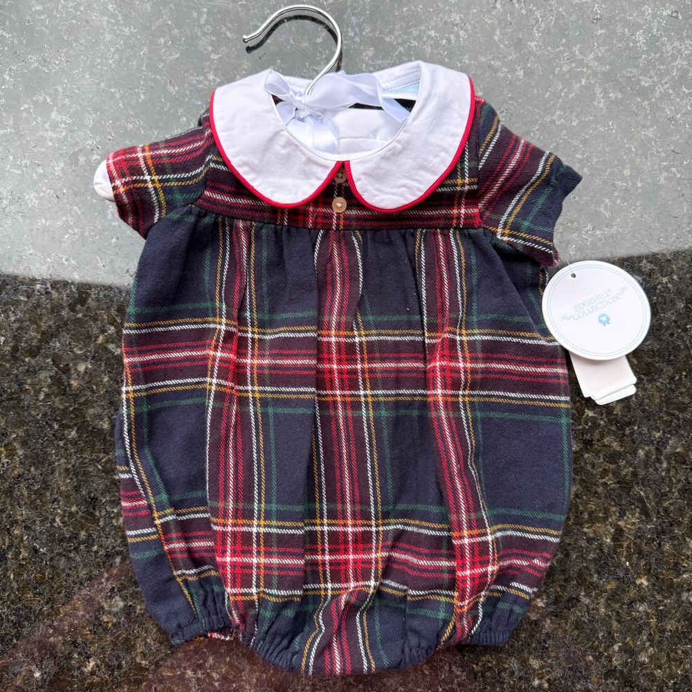 Edgehill Collection Navy and Red Tartan Plaid Boy Holiday Romper